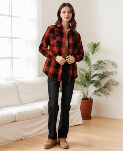 ThCreasa Women's Plaid Sherpa Lined Flannel Jacket with Hand Pockets