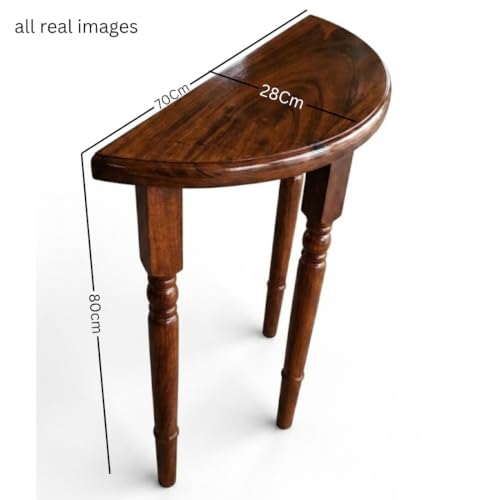 Image of Half Moon Console Table with Storage | Narrow Wooden Entryway Accent Table | Solid Semi-Circle Design for Living Room, Hallway, Foyer, Entrance Dark Teak Finish Small Size (70cm /27.5in)