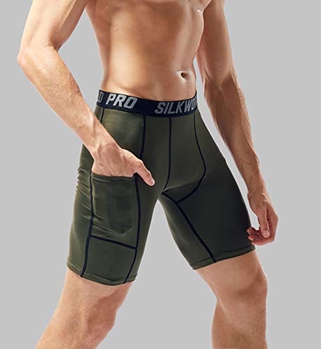 SILKWORLD Men\'s Compression Shorts Pockets Sports Running Tight,Dark Olive Green,XL