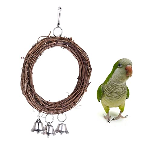 Happyyami Parrot Swing Toy 15cm Rattan Hanging Bird Toy Metal Buckle Bell Bird Swing for Cage Garden Random