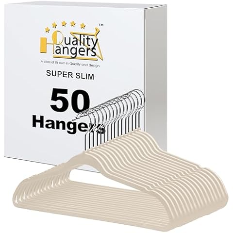 Quality Hangers 50 Pack Slim Plastic Hangers for Clothes - 16.5" Won't Crease Your Clothes, Heavy Duty Non-Velvet Ivory/Beige Hangers 360° Swivel Chrome Hook Non Slip Notches Dresses Coats Shirts Cover