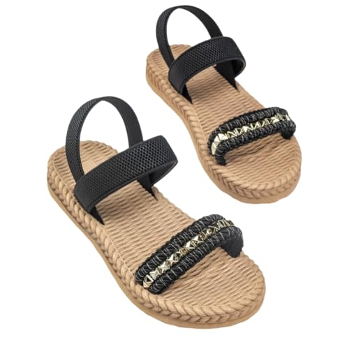 Girls Summer Linen Sandals Straw Weaving Rivet Beach Slides with Back Strap