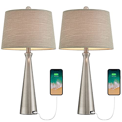 Oneach 25.8" Modern Usb Table Lamp Set Of 2 For Living Room Bedroom Bedside Nightstand Lamps Fabric Shade Accent Light Silver #TOP1
