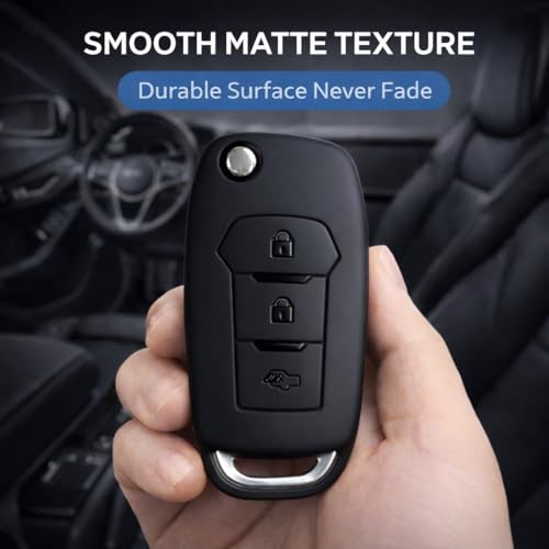 Image of JVCV Premium Soft TPU Key Cover Compatible with Ford Endeavour, Figo, Aspire & Freestyle 3 Button Folding Key with keychain | Scratch-Resistant Protective Case (Matte Black Style A)