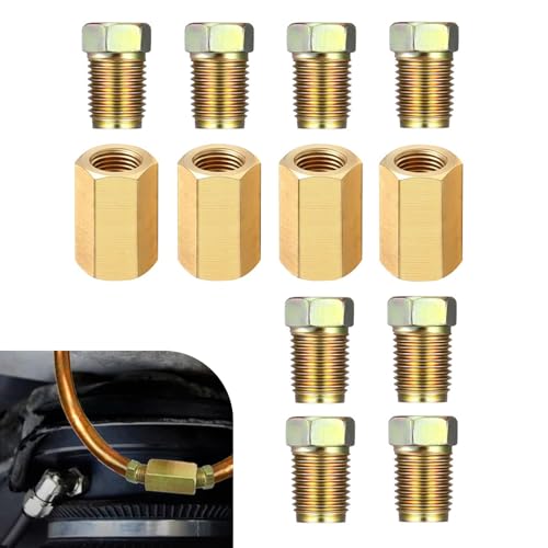 Zosgrew 4 Sets Car 1/4 Brake Line Fittings Kit, Brass Brake Line Pressure Fittings Assortment, 7/16 Inch-24 Threads for 1/4" Brake Tube (Gold)