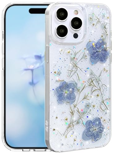 Coque iPhone 13 Pro Max paillettes anti-choc silicone bleu fleur séchée
