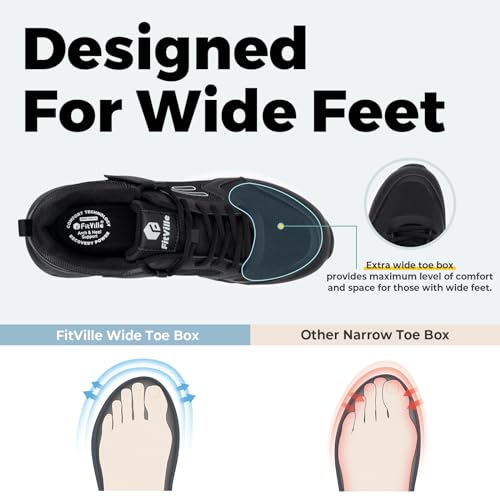 FitVille Men's Walking Shoes Wide Width Diabetic Shoes Orthopedic Sneaker Hook and Loop Running Shoes for Flat Feet Plantar Fasciitis - Rebound Core V73