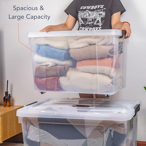 Image of Clear Heavy Duty Bulk Storage Container with Lids Pack of 4, 32 Litre | Stackable Plastic Bins with Handles & Rolling Wheels | BPA-Free, Multi-Purpose for Kitchen, Pantry, Office, or Garage