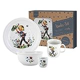 Inhalt: 5 Teile Kindergeschirr 5-teilig Hans im Glück, Porzellan Kindergeschirr mit Kinderteller flach, Kinderteller tief, Kindertasse, Müslischale, Eierbecher, Geschirr, Gedeck, Kinderservice, Märchen