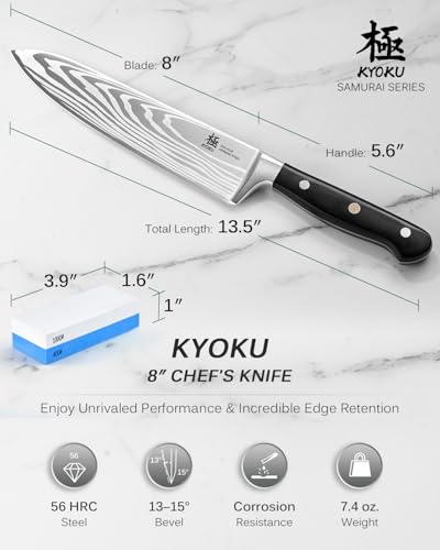 Image of KYOKU 8 inch Chef Knife, Samurai Series Japanese Style Chef's Knife with Sharpening Stone, High Carbon Steel Kitchen Knife with Pakkawood Handle Mosaic Pin Gift Box for Meat Vegetable Fruit Chopping