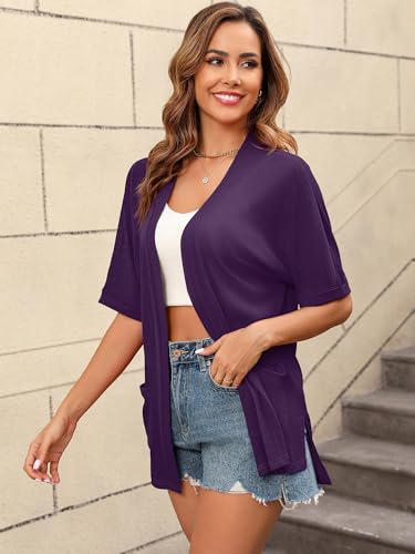 Image of Women's Lightweight Open Front Cardigans Short Sleeve Casual Soft Sheer Cardigan S-2XL with Pockets
