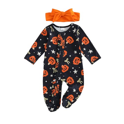 Kavousa Newborn Baby Girl Boy Halloween Outfit Pumpkin Bow Print Footies Romper Long Sleeve Ruffle...