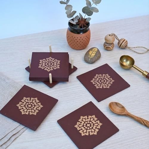 Image of Wooden Tea Coaster Square Shape-Set of 6 with Free Spoon Handcrafted Premium Hard Wood,Durable Coasters for Drinks Heat & Water Resistant,Coffee,Office Desk Home Decor Gift Item Golden Design