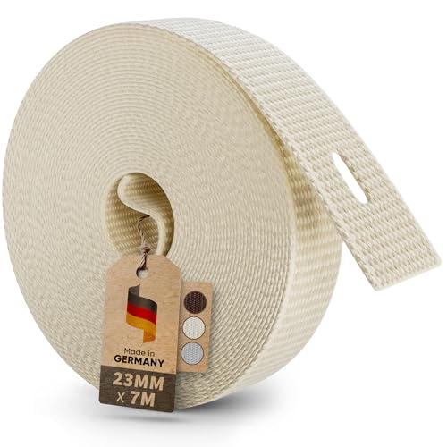 MEISTERBAU - 7m Rolladengurt 23mm [Made in Germany] - Rolladenband für Rollläden an Türen und Fenster - Extrem Reißfest & UV-Stabil - Rollladengurt mit starken Kanten (Creme 7m lang - 23mm breit)