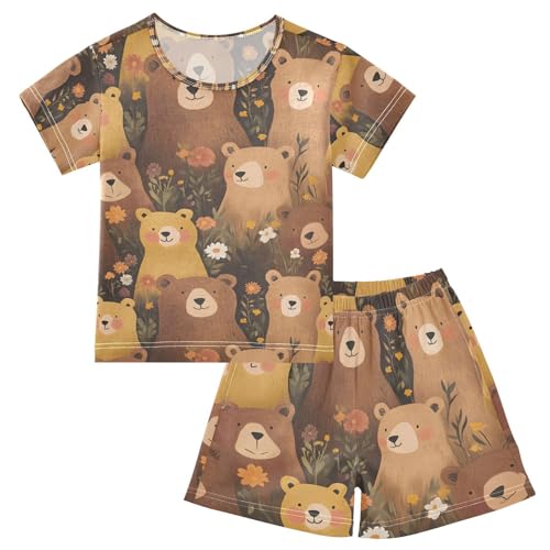 ALAZA Bear Flower Cartoon Stylish Pajamas Set Short Sleeve Cotton Sleepwear Summer Pjs 2 Piece 5-14Y