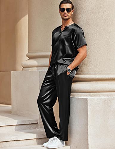 Ekouaer Short Sleeve Pajamas Set For Men Satin Silk Long Pant Pj Set Sleepwear Two Piece Nightwear Black L #TOP4