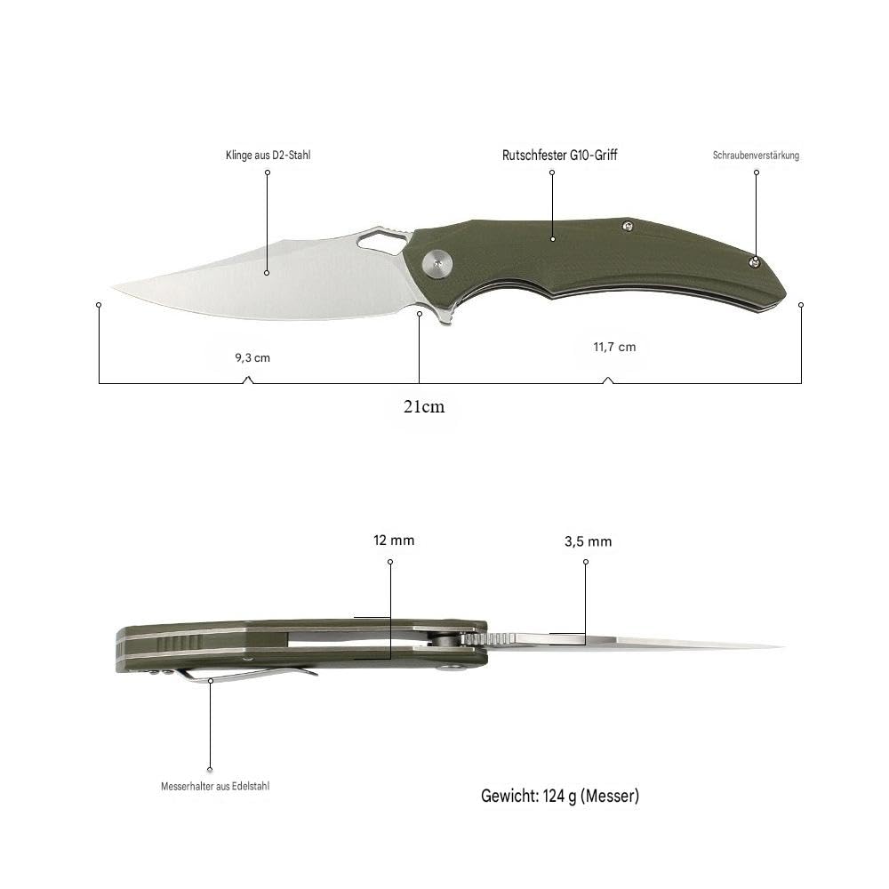 Klappmesser D2 G10 rutschfest Satin 21 cm 124 g Taschenmesser，Grün
