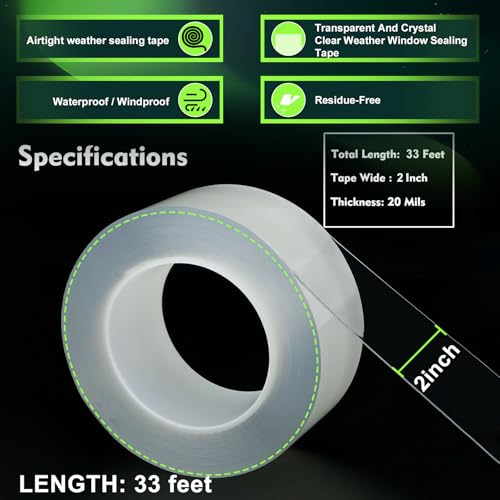 Transparent Window Weather Sealing Tape 2 Inch x 33 FT Weather Stripping Residue-Free Clear Window Insulation Tape for Doors Windows and Shower Glass Gaps