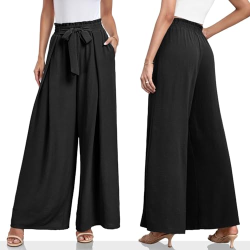 Women's Wide Leg Lounge Pants High Waisted Palazzo Pants Flowy Tie Knot Trousers for Women Casual Loose Pant Pockets3