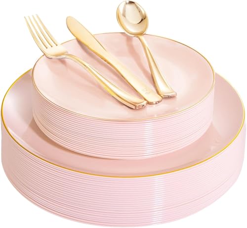 YOUBET 125PCS Pink Plastic Plates with Gold Rim for Party Wedding Birthday