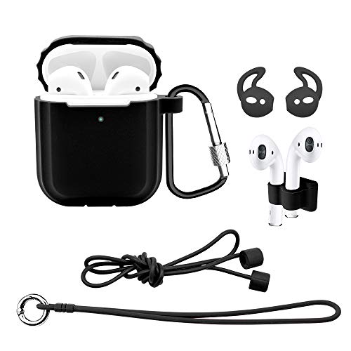 iiteeology Compatible with AirPods Wireless Charging Case, 6 in 1 Accessories Kits Protective Silicone Cover for AirPods 1 & 2 [Front LED Visible] Support Wireless Charging - Black