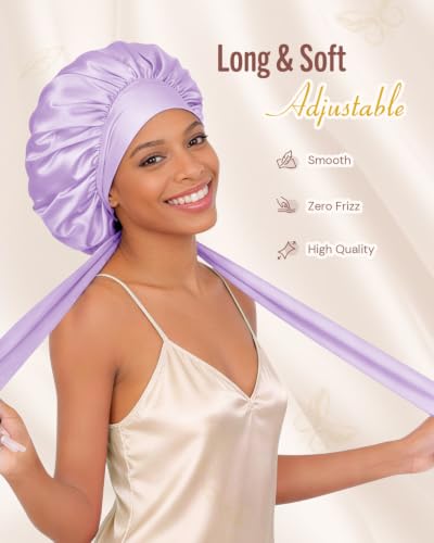 Image of BONNET QUEEN Double Layer Silk Bonnet for Sleeping for Women Satin Lined Bonnet Night Cap for Curly Hair with Tie Band,Light Purple