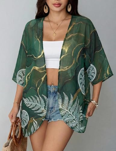Image of Chunoy Women Floral Beach Wear Cover Up Chiffon Kimono Cardigan Open Front Blouse Top