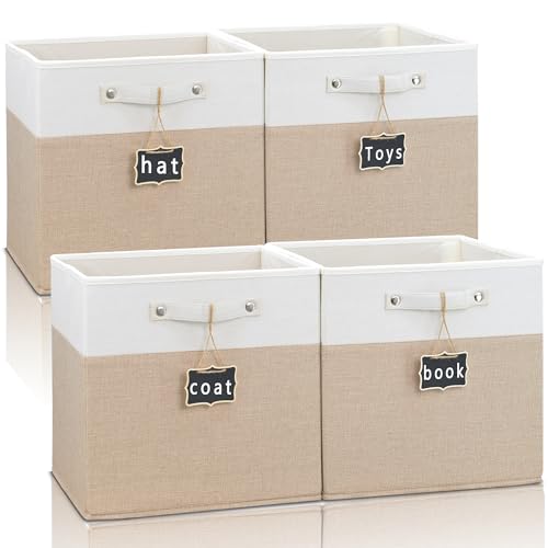 Dyvavna 13x13x13 Inch Large Foldable Fabric Linen Cube Storage Bins【4-pack】, with Cotton Handles Closet Bins for Cabinet Shelves Home Organization and Storage bins(White&khaki)