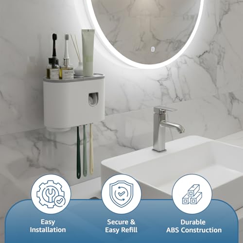 Image of Amazon Basics Wall-Mounted Toothbrush Holder with Automatic Toothpaste Dispenser | 1 Magnetic Cup | White | 20.5L x 10W x 14.5H cm