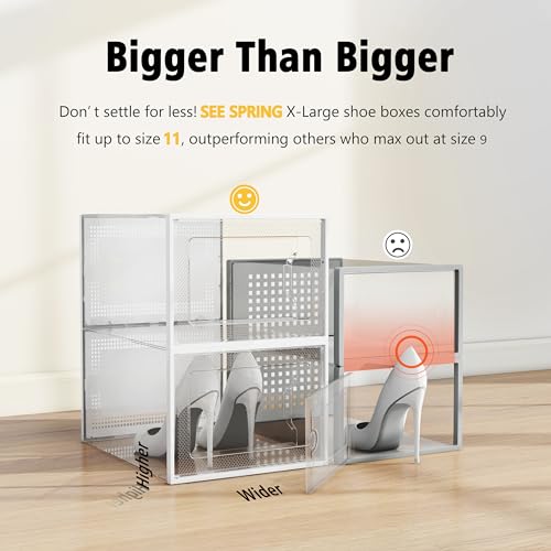 SEE SPRING X-Large Shoe Storage Box Fit Size 11, Clear Plastic Stackable Shoe Organizer for Closet, Space Saving Foldable Shoe Rack Sneaker Container Bin Holder, 12 Pack Clear