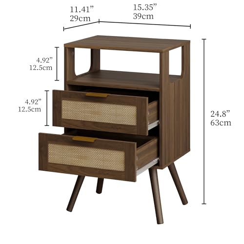 Image of JOONEE Rattan Nightstand,Farmhouse Bedside Table with 2 Storage Drawer and Open Wood Shelf, for Bedroom and Small Spaces,Night Stand with Solid Wood Legs (Walnut Brown)
