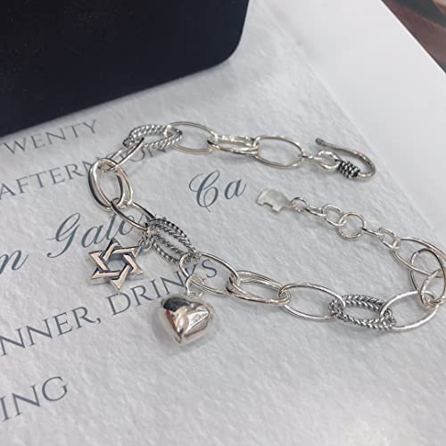 Columbus Treasure Solid 925 Sterling Silver Link Bracelet, 7.7" - 9.2G Heart Tag Charm Bracelet For Women, Adjustable Length #TOP4
