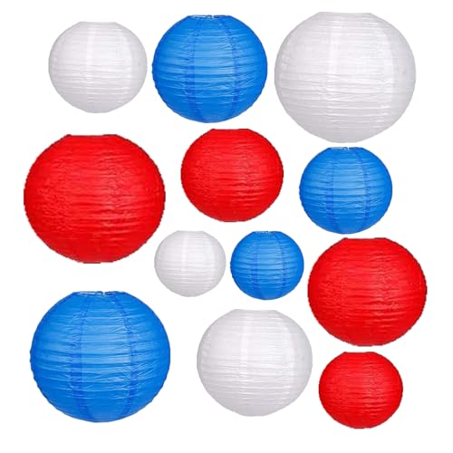 12Pcs Paper Lanterns 6”, 8”, 10”, 12”,Paperlanterns Party Decoration, Blue White Red Paper Lanterns for Wedding, Bridal, Birthday, Outdoor, Home, Garden, Holiday and Party.
