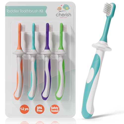 Cherish Baby Care Kids Toothbrush Set (4-Pack) - BPA-Free & Safety-Tested Kids Toothbrush for 1 Year Old, Designed by a Paediatric Dentist, Soft-Grip Toothbrush Kids 1-2 Years (Multi)