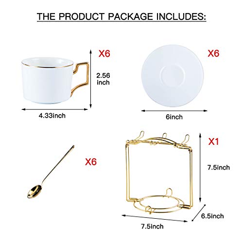 Childike 19Pcs Porcelain Coffee Cups And Saucers Set Of 6 Matte White, 7 Ounce Tea Cup Set, Espresso Cups, Cappuccino Cup Gold Edge With Holder #TOP2