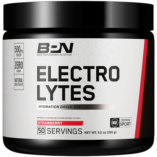 BARE PERFORMANCE NUTRITION BPN Electrolytes Hydration Drink Mix | Sugar Free Electrolyte Powder | 500mg Sodium per Serving | Naturally Sweetened | Strawberry 50 Servings