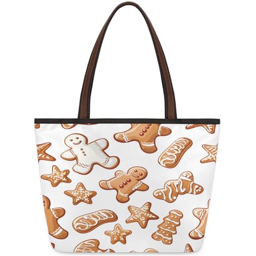 Cute Gingerbread Tote Bag Multi Pocket Zippered Beach Bag Lightweight Waterproof Handbag for Women Men Work Gym Travel Swimming Yoga Grocery Shopping L