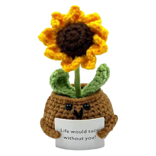 Crochet Positive Cactus,Funny Positive Cactus/Sunflower Emotional Support Crochet,Handmade Knitted Cactus Toy Cute Funny Potato Emotional Positive Life Doll Ornaments Gifts Desktop Decor (Sunflower)
