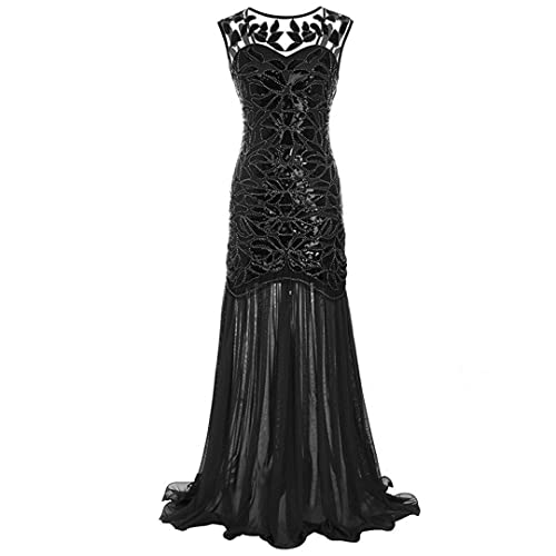 Robe longue vintage 1920 col en V - Robe de soirée cocktail à paillettes argent