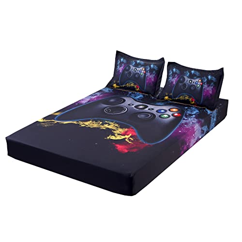 Sdiii 3 Piece Galaxy Gamer Sheet Set Full Size, Fitted Sheet 16” Deep Super Soft Microfiber For Teenage Boys,Kids And Gamer Collector (Full, Galaxy Style) #TOP25