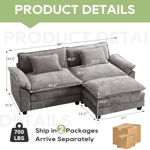 Image of Oprisen 86 inch Modular Sectional Sofa, Comfy Cloud Couch Sectional Sofa with Ottoman, Chenille Sofa Sleeper Deep Seat Sofa with Throw Pillows for Living Room (Light Gray, 86 inch- L Shape)