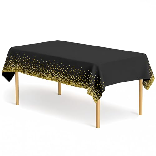 CINSOEN 12 Pack Black and Gold Dot Tablecloth 54 x 108 Inch Rectangle Table Covers PEVA Black Plastic Table Cloths for Parties Disposable Tablecloth for Graduation Birthday Party School