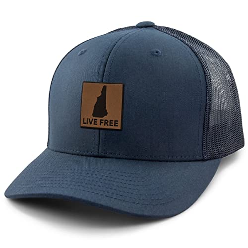 Live Free New Hampshire Leather Patch Classic Snapback Trucker Hat Navy