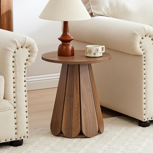 Image of Small Round End Table Nightstand, Mid Century Modern Side Table, Circle Bedside Tables Wood Night Stand for Bedroom, Living Room, Small Space, Walnut