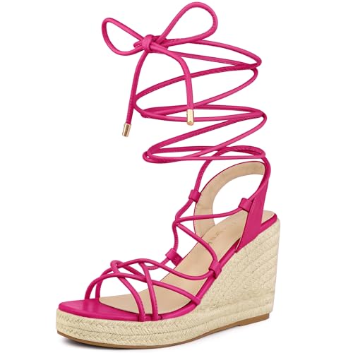 Allegra K Women's Lace Up Platform Heel Espadrilles Wedge Sandals Hot Pink 7 UK/Label Size 9 US