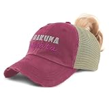 Womens Ponytail Cap Hakuna Matata Style B Cotton Distressed Trucker Hats Burgundy