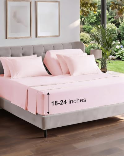 Image of Extra Deep Flex Top Split Head King Sheet Set - 6 Piece Breathable and Cooling Sheets - Hotel Luxury Bedding for Women, Men, Kids & Teens - Easy Secure Fit - Extra Deep Pockets - Lavender Pink