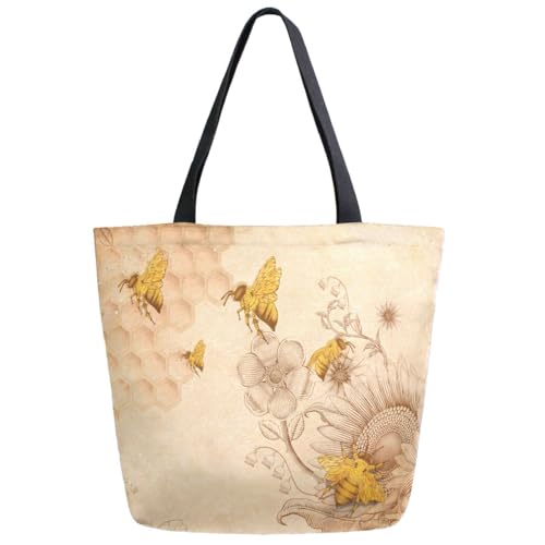 ZzWwR Rural Honey Bees Wildflowers Extra Large Canvas Shoulder Tote Top Handle Bag for Gym Beach Travel Shopping