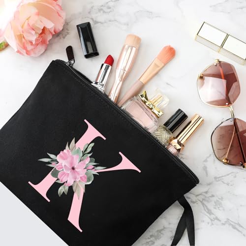 Image of Vavabox A-Z Personalized Makeup Bag, Birthday Gifts for Women Mom, Gifts for Best Friend, Bride Bridesmaid Cosmetic bag (K, 02-Black)