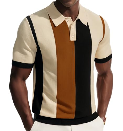 PJ PAUL JONES Mens Polo Shirts Vintage Striped Knit Polo Short Sleeve Casual Lightweight Golf Shirt Business Apricot M